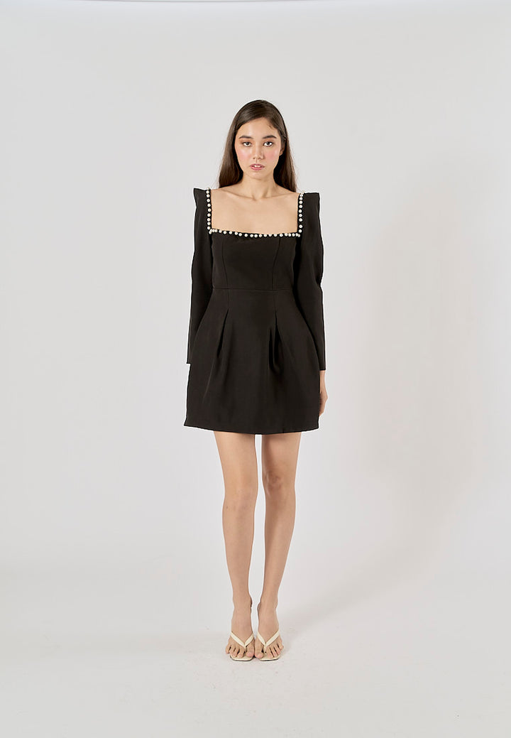 Malva Black Square Neck Beaded Long Sleeve Mini Dress