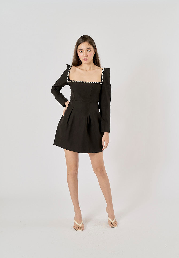 Malva Black Square Neck Beaded Long Sleeve Mini Dress