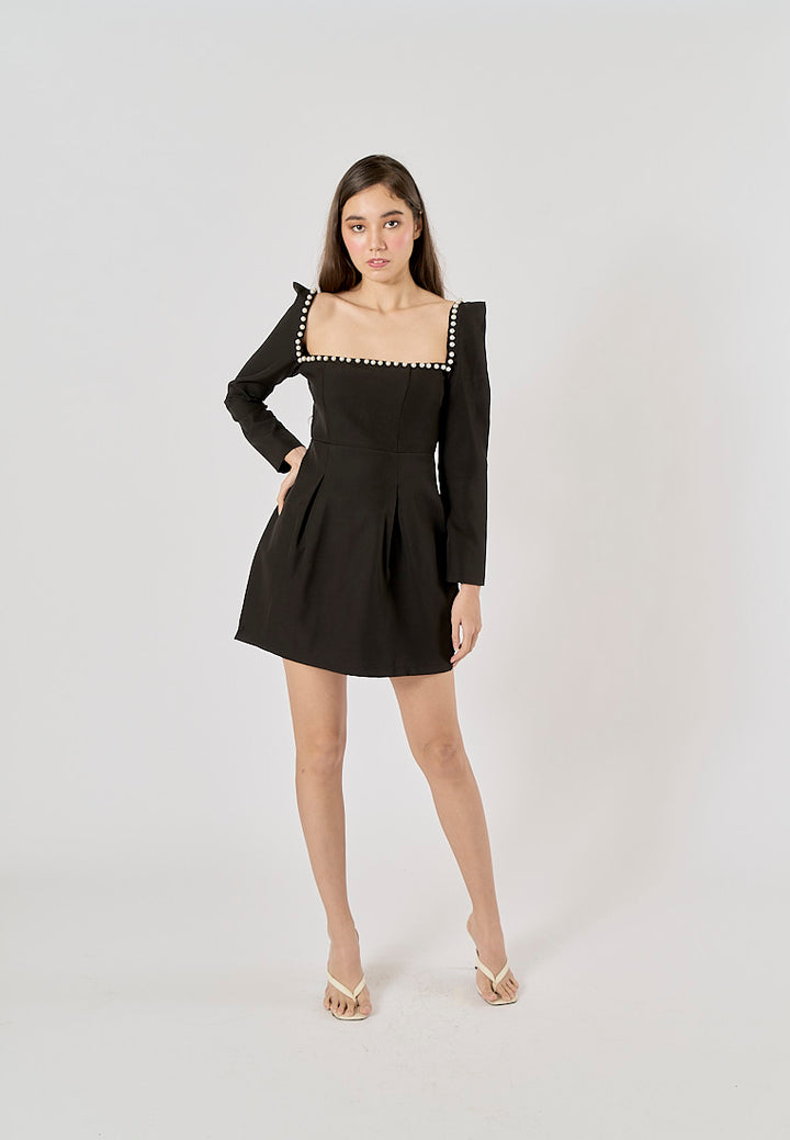 Malva Black Square Neck Beaded Long Sleeve Mini Dress