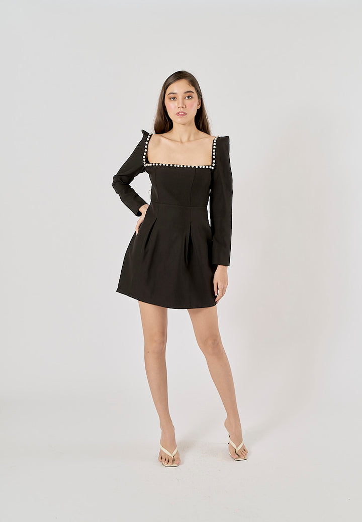Malva Black Square Neck Beaded Long Sleeve Mini Dress