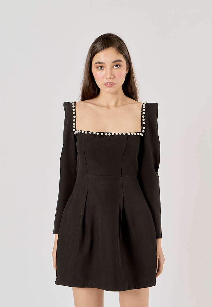 Malva Black Square Neck Beaded Long Sleeve Mini Dress