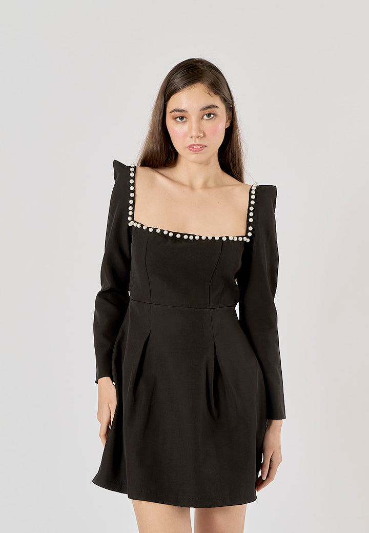 Malva Black Square Neck Beaded Long Sleeve Mini Dress
