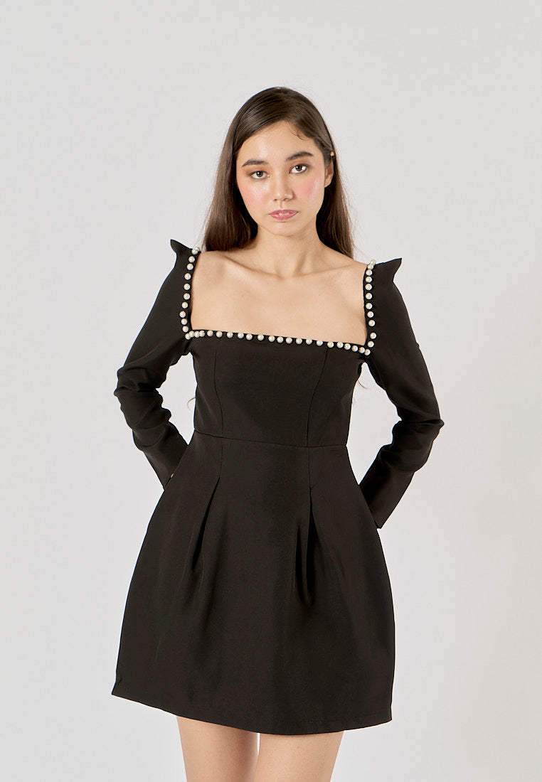 Malva Black Square Neck Beaded Long Sleeve Mini Dress