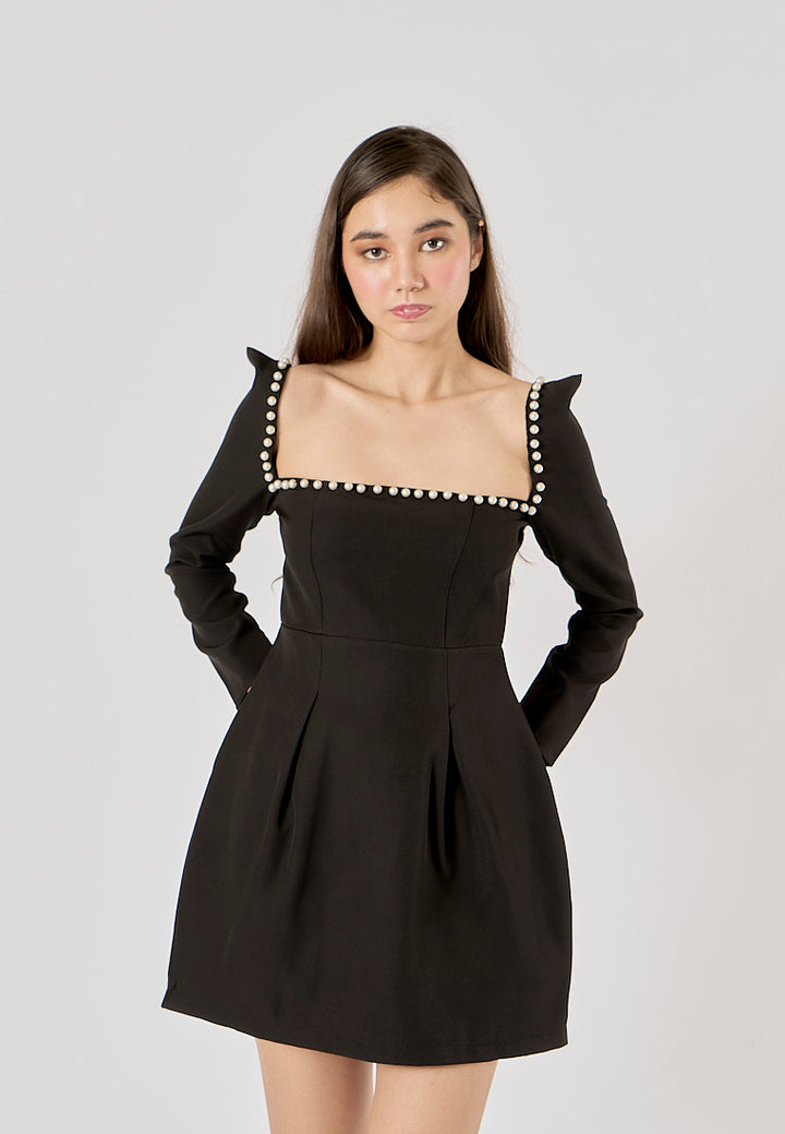 Malva Black Square Neck Beaded Long Sleeve Mini Dress