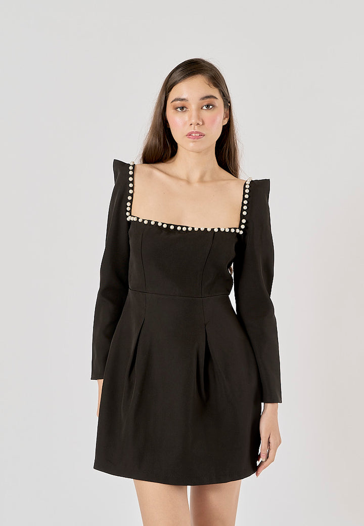 Malva Black Square Neck Beaded Long Sleeve Mini Dress
