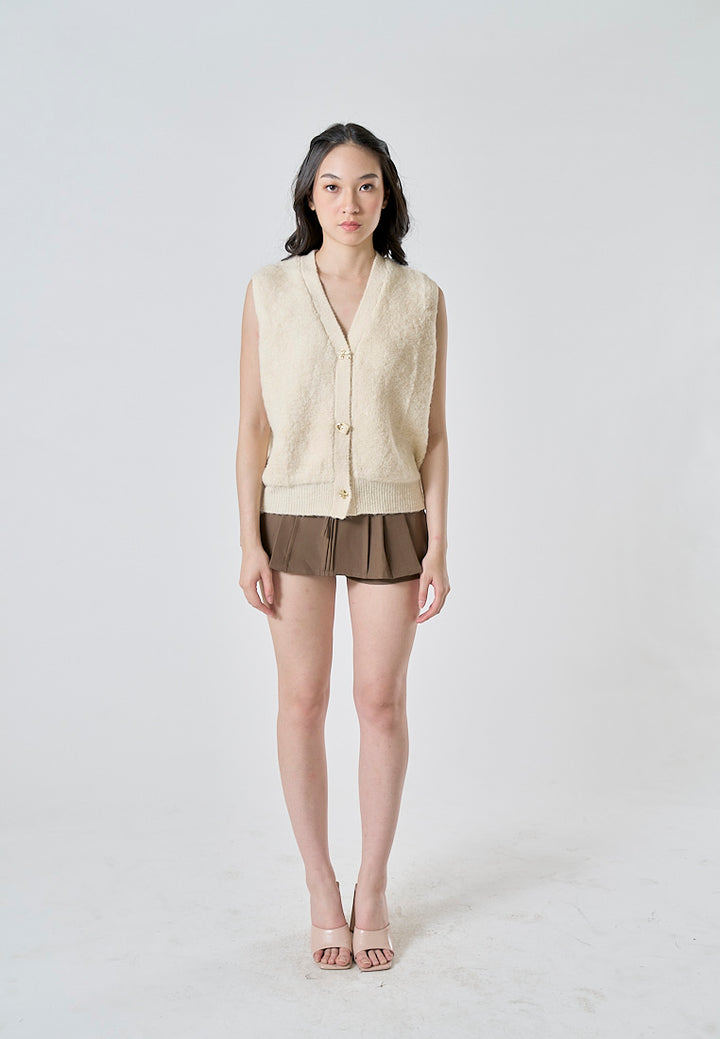 Oxford Beige Latte Knitted V Neck Single Breasted  Button Gem Sleeveless Vest Cardigan