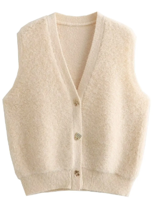 Oxford Beige Latte Knitted V Neck Single Breasted  Button Gem Sleeveless Vest Cardigan