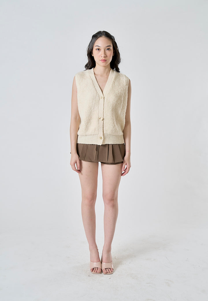 Oxford Beige Latte Knitted V Neck Single Breasted  Button Gem Sleeveless Vest Cardigan