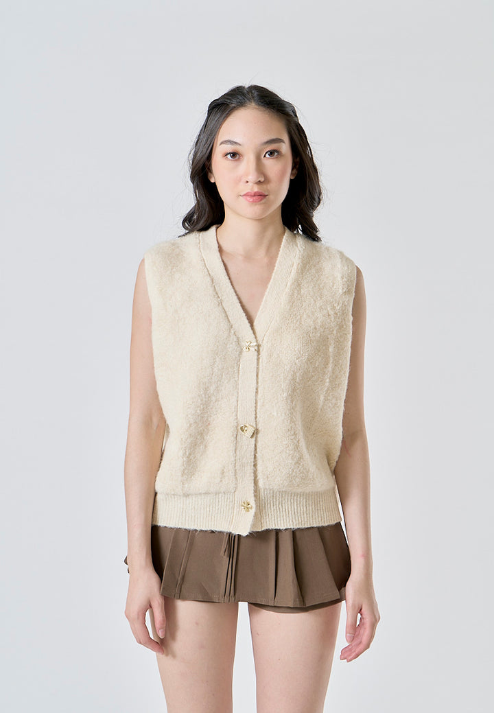 Oxford Beige Latte Knitted V Neck Single Breasted  Button Gem Sleeveless Vest Cardigan