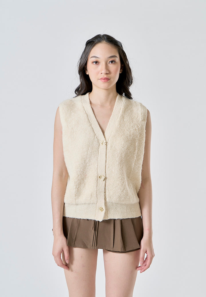 Oxford Beige Latte Knitted V Neck Single Breasted  Button Gem Sleeveless Vest Cardigan