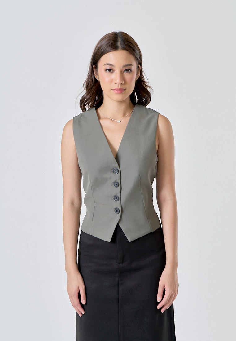 Jara Gray V Neck Single Breasted Button Closure Waistcoat Vest