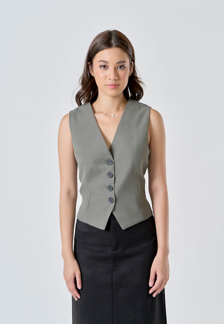 Jara Gray V Neck Single Breasted Button Closure Waistcoat Vest