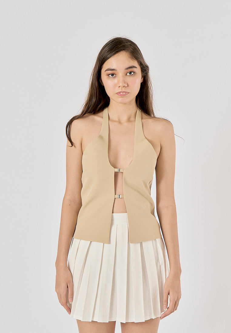 Laverna Beige Buckled Closure Halter Neck Back Hollow Out Tank Top