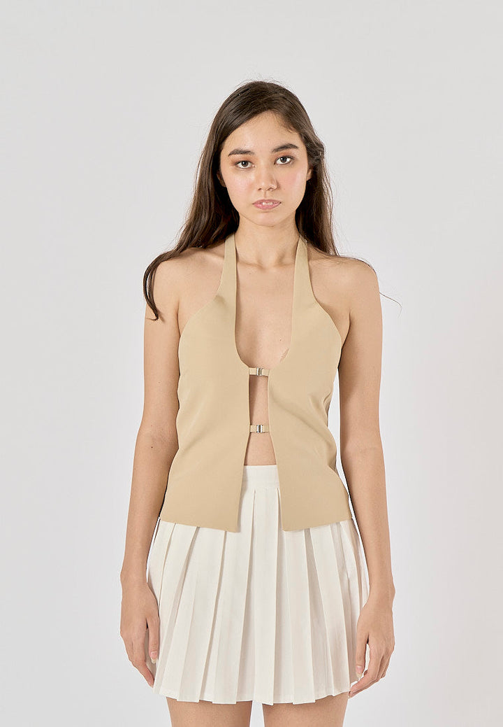 Laverna Beige Buckled Closure Halter Neck Back Hollow Out Tank Top