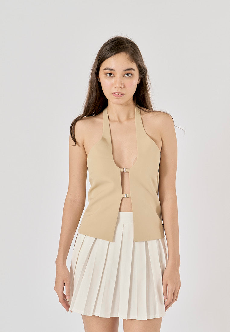 Laverna Beige Buckled Closure Halter Neck Back Hollow Out Tank Top