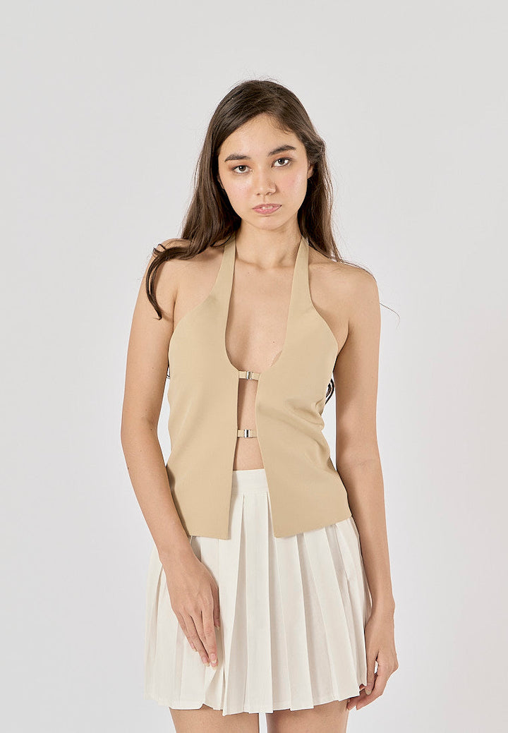 Laverna Beige Buckled Closure Halter Neck Back Hollow Out Tank Top