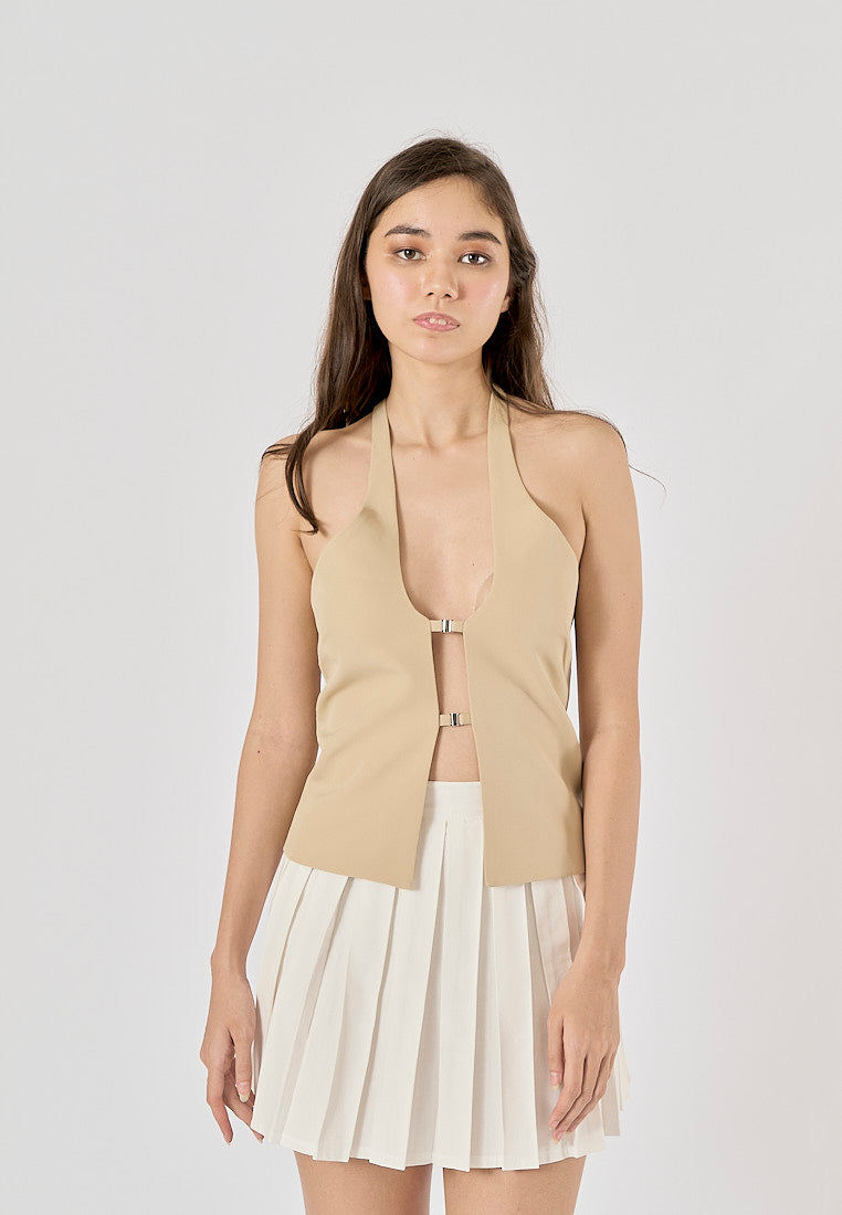 Laverna Beige Buckled Closure Halter Neck Back Hollow Out Tank Top