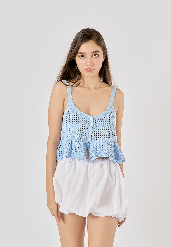 Topaz Powder Blue Buttons Up Eyelet Crop Tank Top
