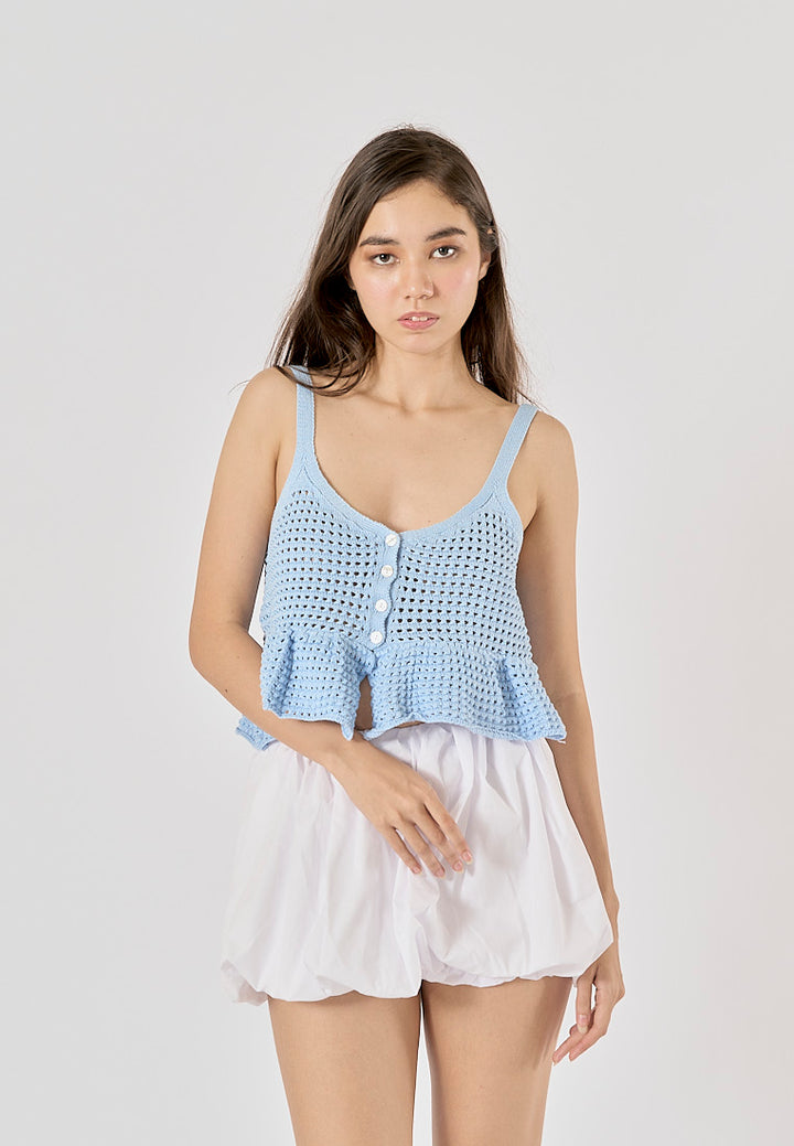 Topaz Powder Blue Buttons Up Eyelet Crop Tank Top