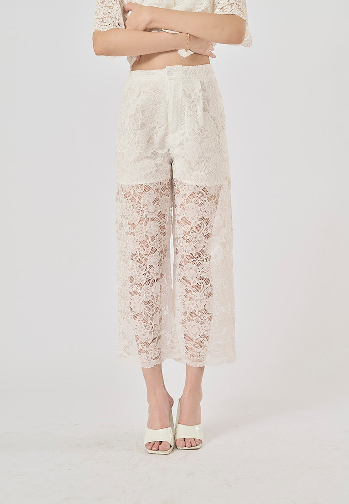 Charvi White Floral Lace Turn Down Collar Short Sleeve Top Square Pants 2 Piece Set