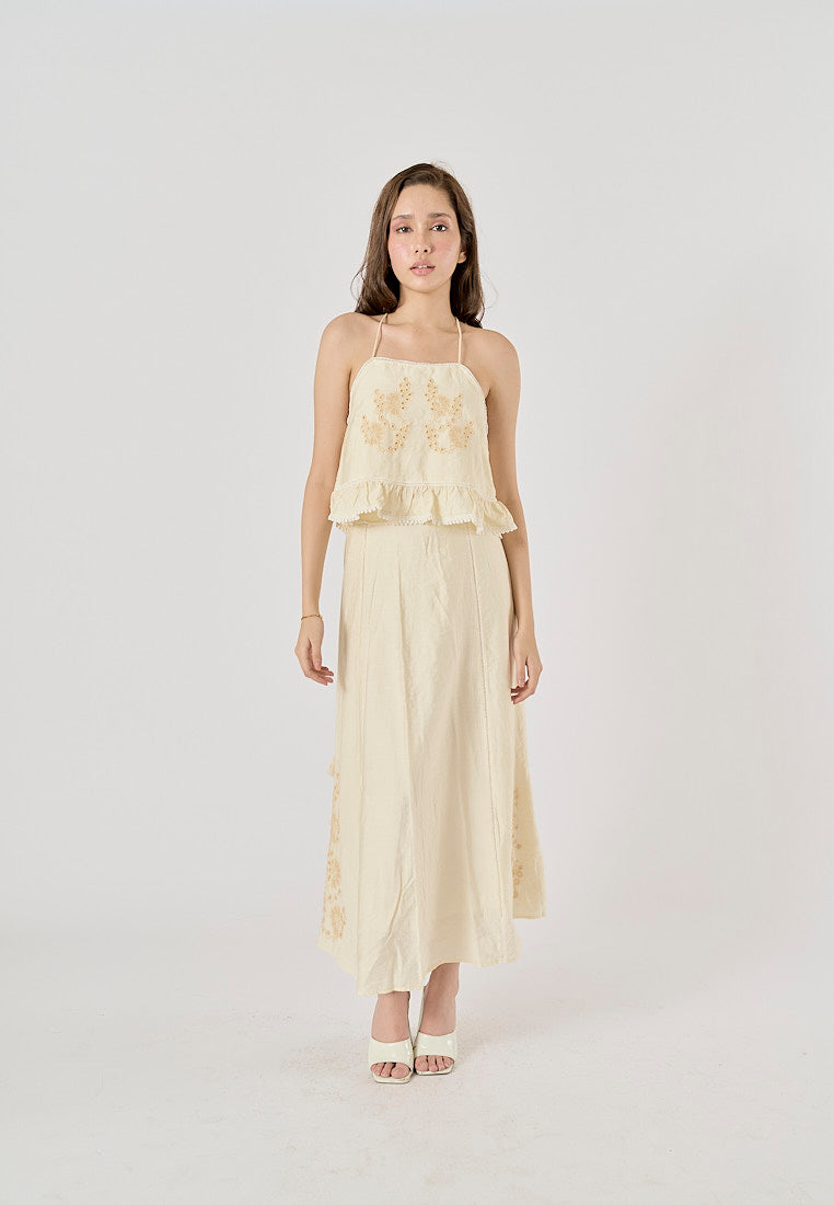 Sycamore Beige Front Embroidery Eyelet Crop Tank Top Drawstring Waist Maxi Skirt 2 Piece Set