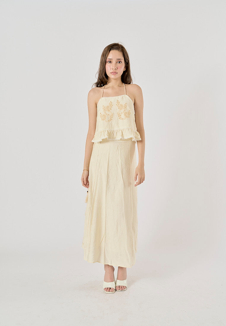 Sycamore Beige Front Embroidery Eyelet Crop Tank Top Drawstring Waist Maxi Skirt 2 Piece Set