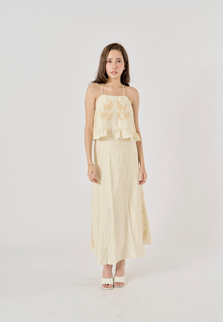 Sycamore Beige Front Embroidery Eyelet Crop Tank Top Drawstring Waist Maxi Skirt 2 Piece Set