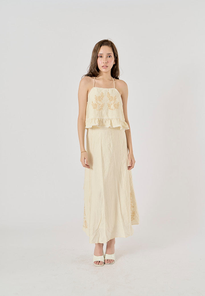 Sycamore Beige Front Embroidery Eyelet Crop Tank Top Drawstring Waist Maxi Skirt 2 Piece Set