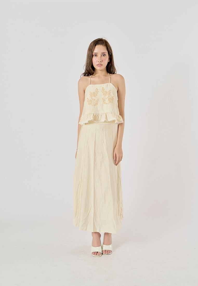 Sycamore Beige Front Embroidery Eyelet Crop Tank Top Drawstring Waist Maxi Skirt 2 Piece Set