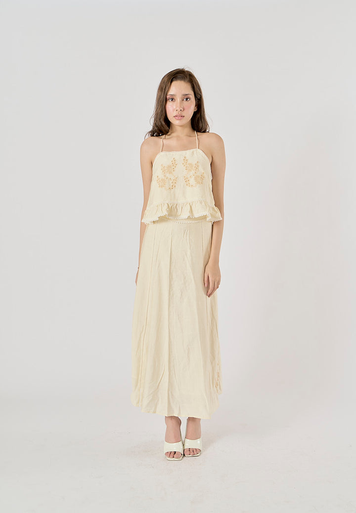 Sycamore Beige Front Embroidery Eyelet Crop Tank Top Drawstring Waist Maxi Skirt 2 Piece Set