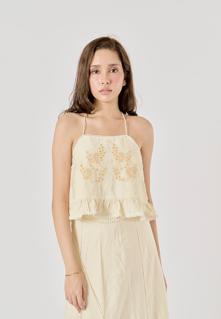 Sycamore Beige Front Embroidery Eyelet Crop Tank Top Drawstring Waist Maxi Skirt 2 Piece Set