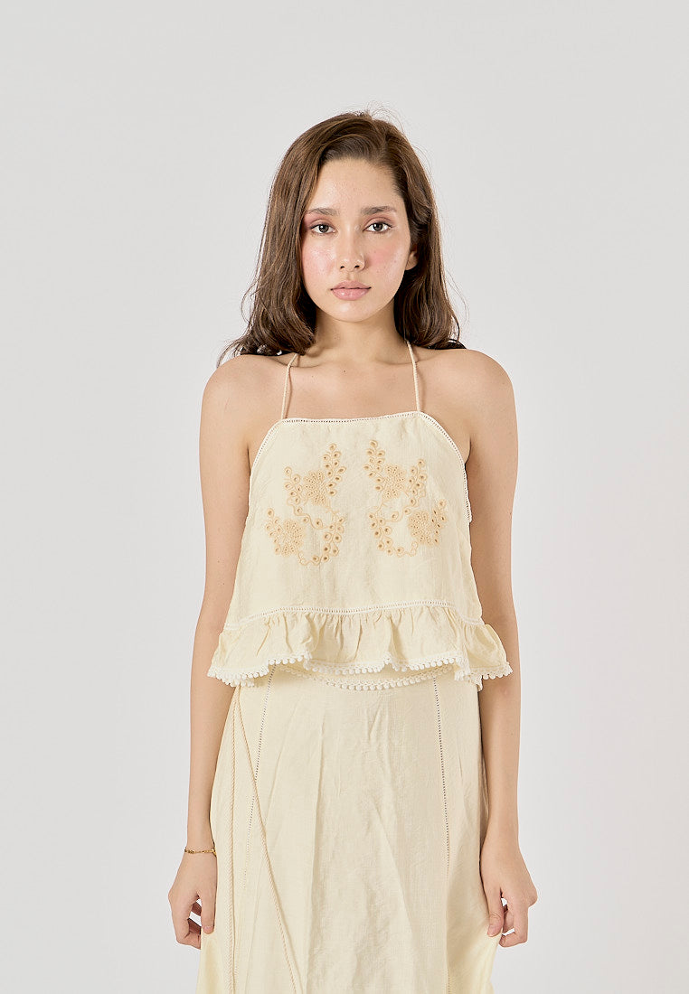 Sycamore Beige Front Embroidery Eyelet Crop Tank Top Drawstring Waist Maxi Skirt 2 Piece Set