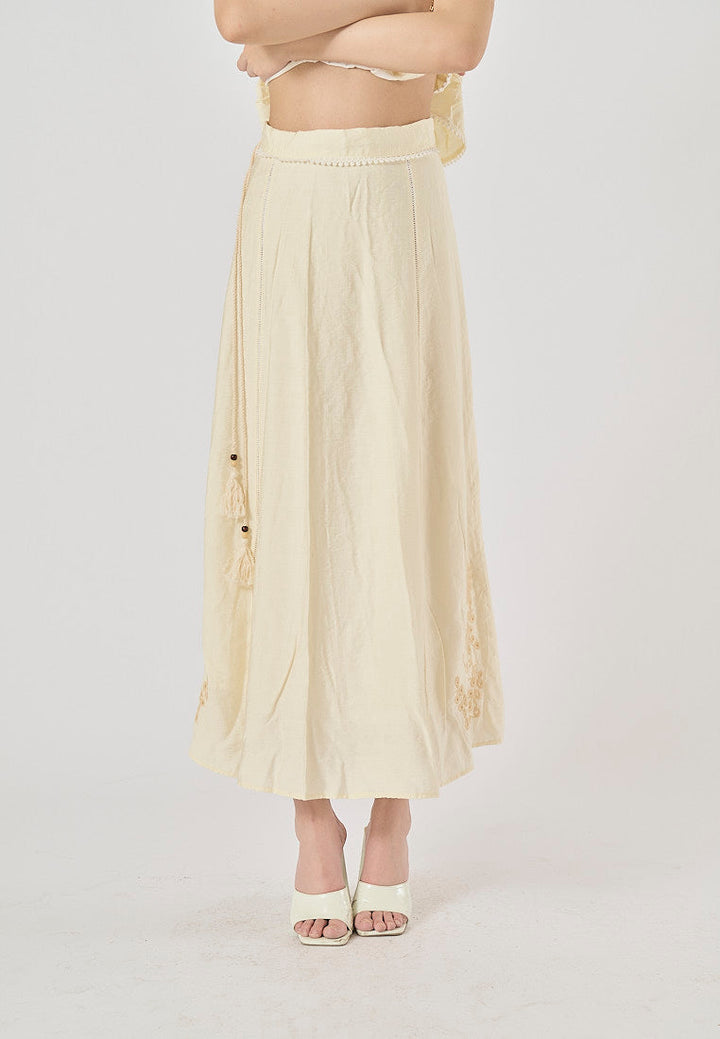 Sycamore Beige Front Embroidery Eyelet Crop Tank Top Drawstring Waist Maxi Skirt 2 Piece Set