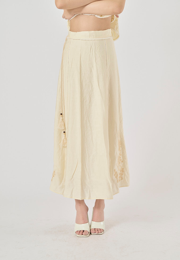 Sycamore Beige Front Embroidery Eyelet Crop Tank Top Drawstring Waist Maxi Skirt 2 Piece Set