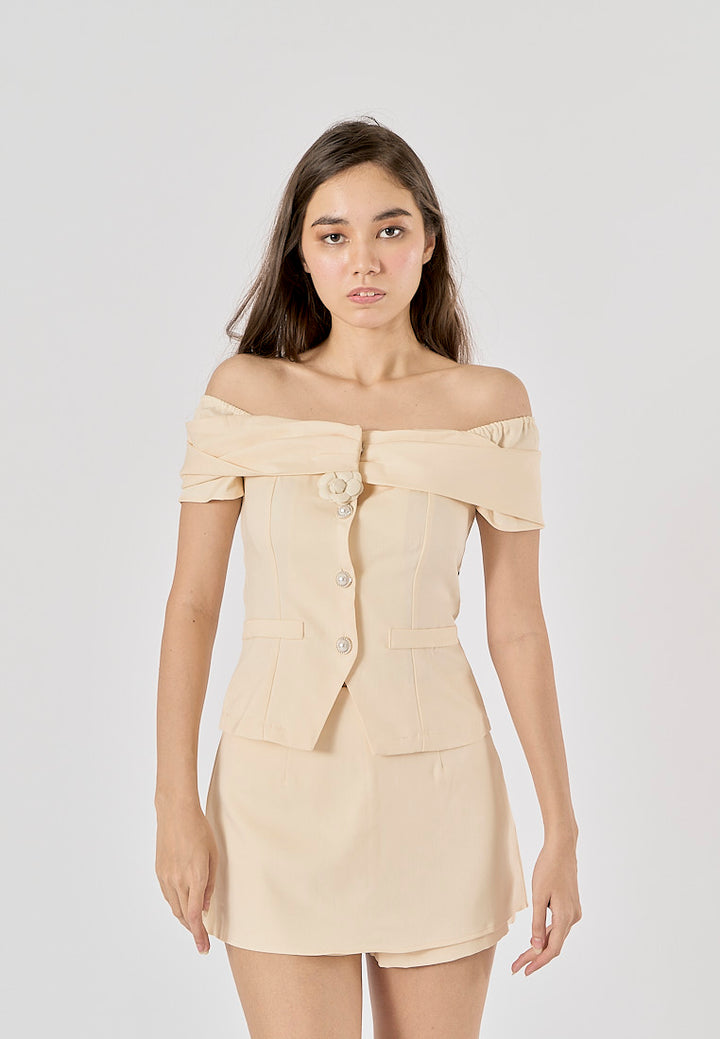 Sloanne Peach Drop Shoulder Pearl Buttons up Tank Top Mini Skort Two Piece Set