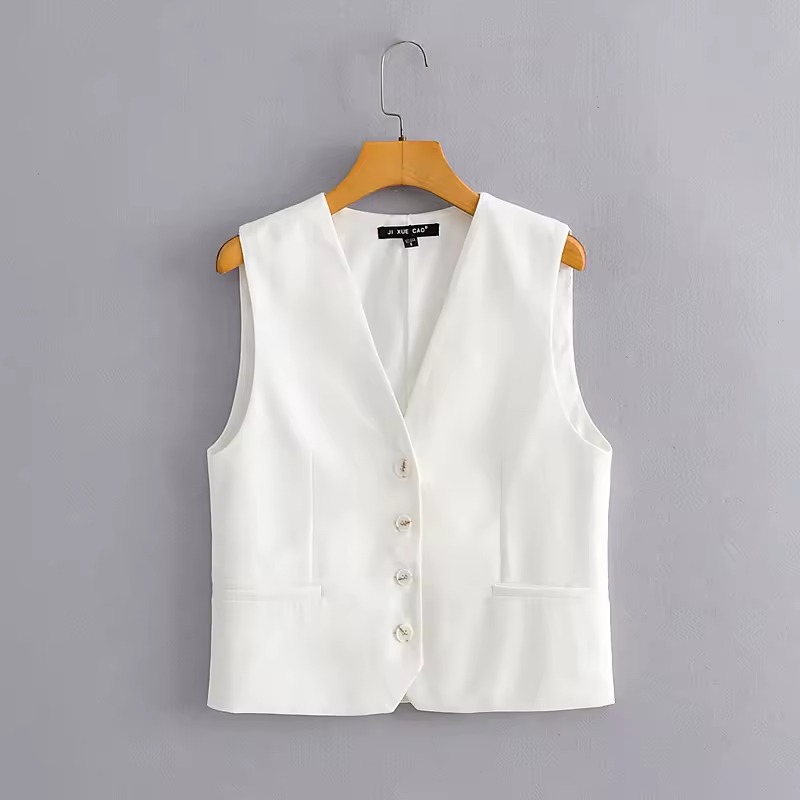 Jacinta White V Neck Single Breasted Button Closure Waistcoat Vest