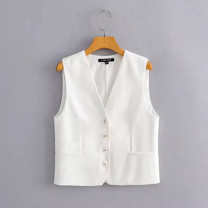 Jacinta White V Neck Single Breasted Button Closure Waistcoat Vest