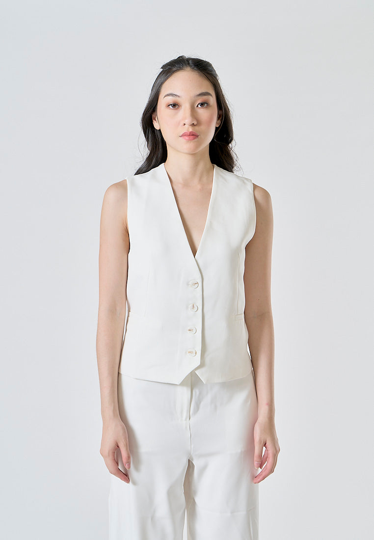 Jacinta White V Neck Single Breasted Button Closure Waistcoat Vest