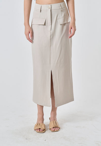 Nanali Beige Zipper Fly Front Slit and Pockets Casual Midi Skirt