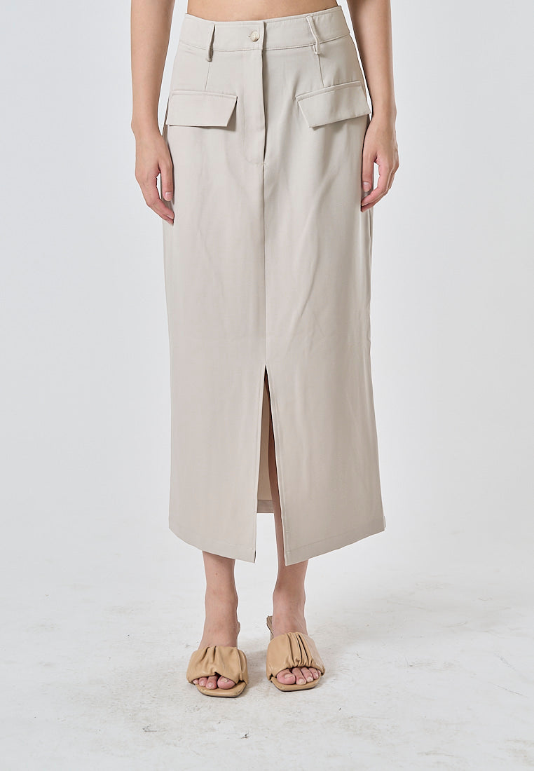 Nanali Beige Zipper Fly Front Slit and Pockets Casual Midi Skirt