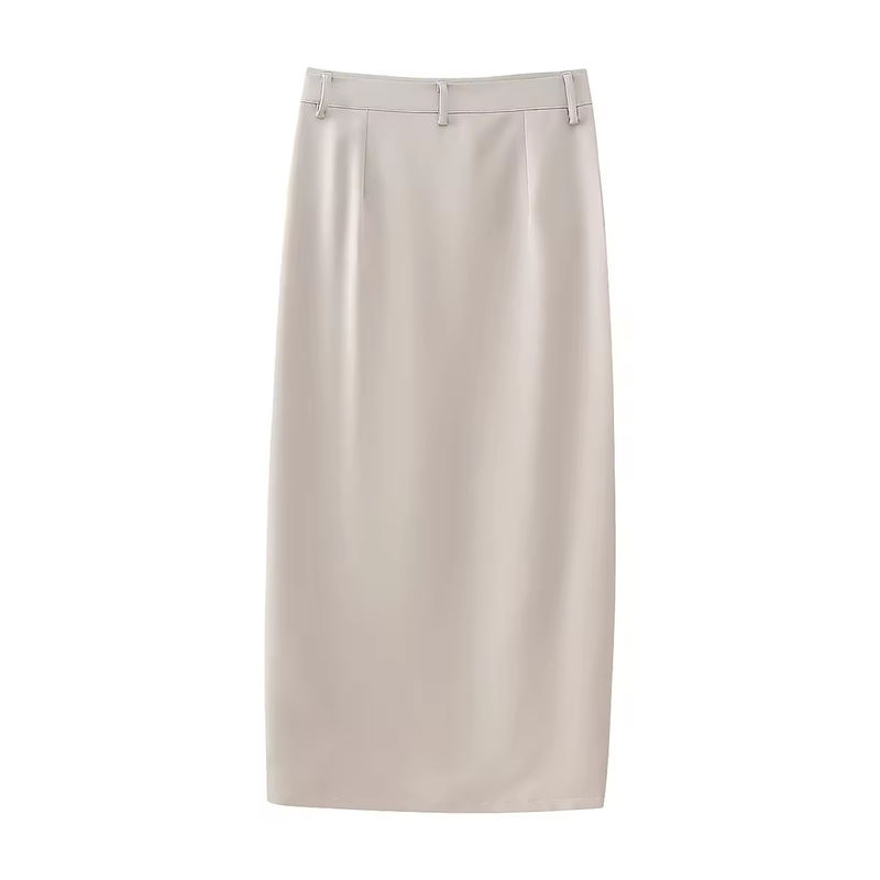 Nanali Beige Zipper Fly Front Slit and Pockets Casual Midi Skirt