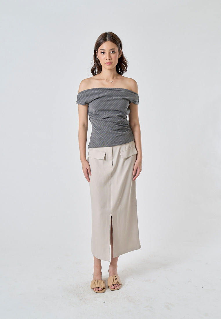 Nanali Beige Zipper Fly Front Slit and Pockets Casual Midi Skirt