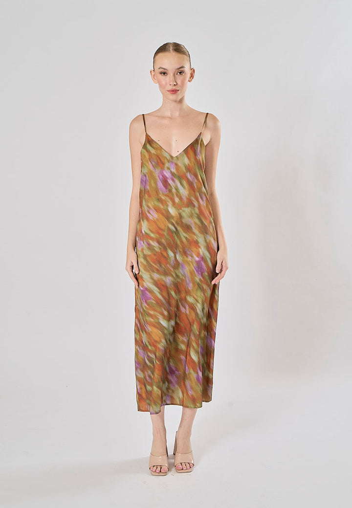 Henna Multicolor Spaghetti Strap Multicolor Print Midi Dress