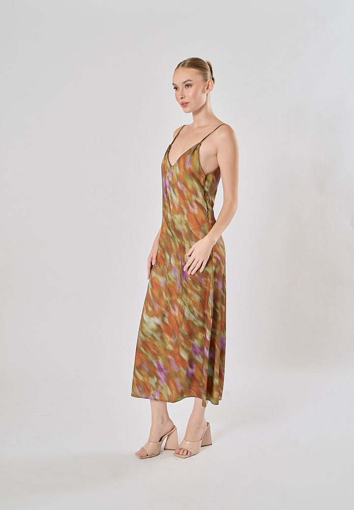 Henna Multicolor Spaghetti Strap Multicolor Print Midi Dress