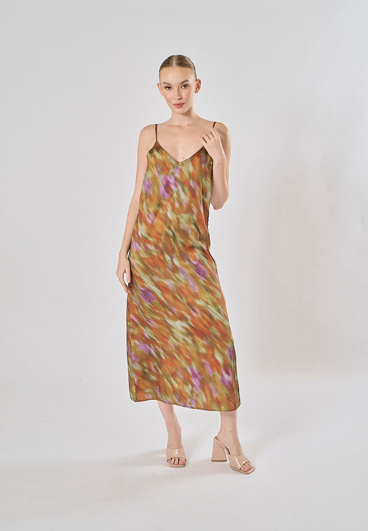 Henna Multicolor Spaghetti Strap Multicolor Print Midi Dress
