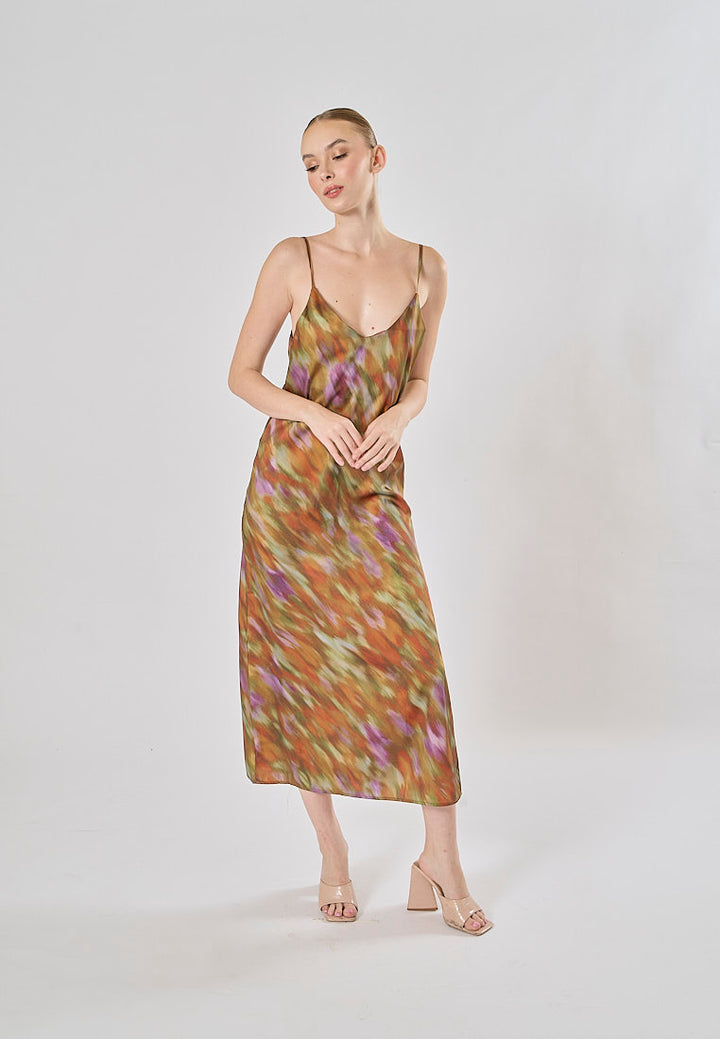 Henna Multicolor Spaghetti Strap Multicolor Print Midi Dress
