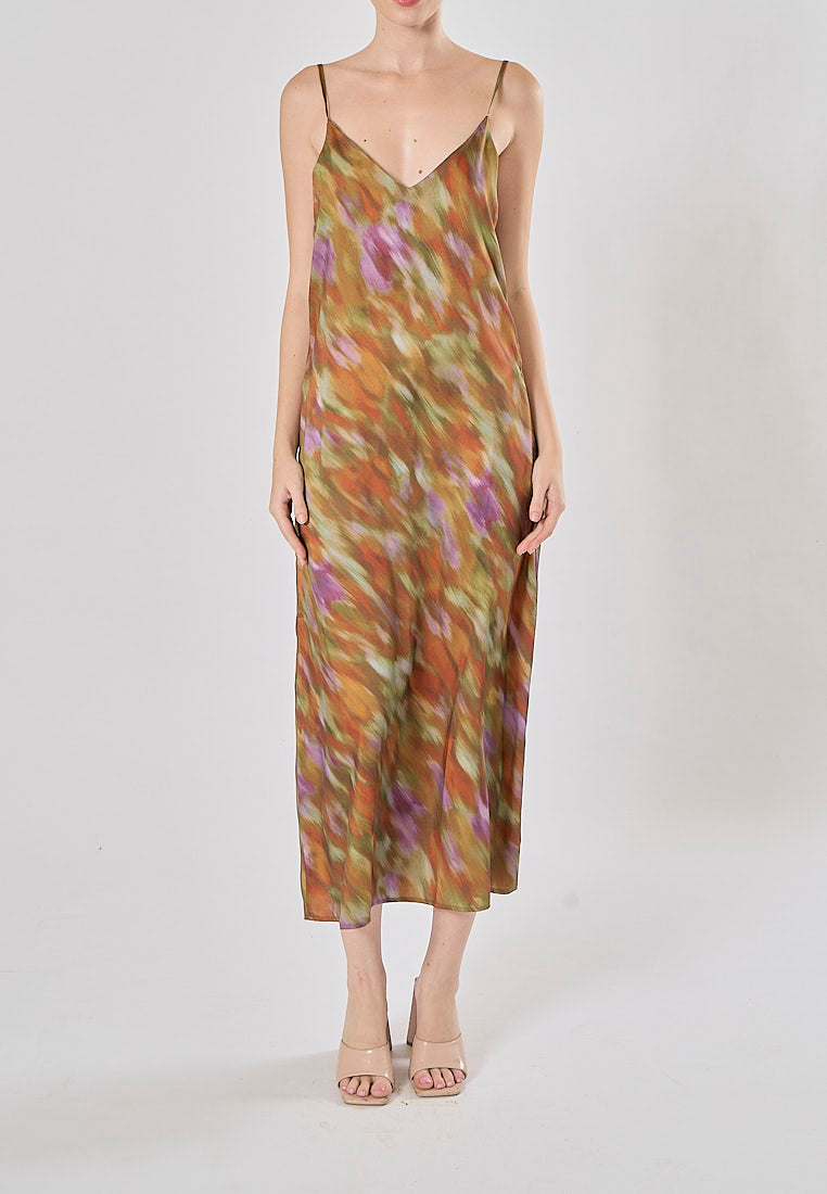 Henna Multicolor Spaghetti Strap Multicolor Print Midi Dress