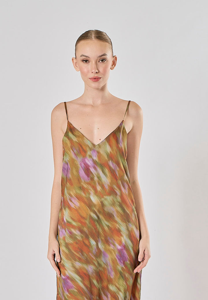 Henna Multicolor Spaghetti Strap Multicolor Print Midi Dress
