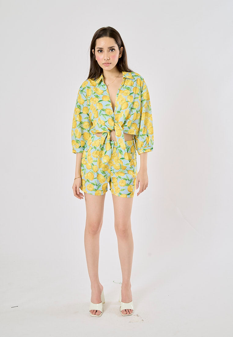 Sheen Yellow and Blue Zipper Fly Fruit Print Casual Short