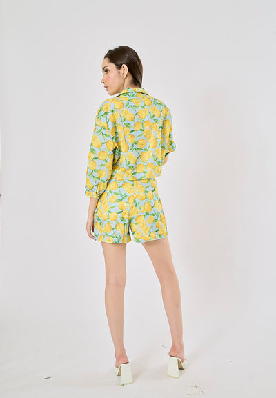 Sheen Yellow and Blue Zipper Fly Fruit Print Casual Short